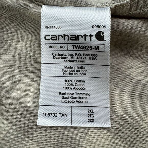 Carhartt Men’s 2XL Loose Fit Plaid Short Sleeve Button Up Work Shirt Tan Cotton - Picture 6 of 8